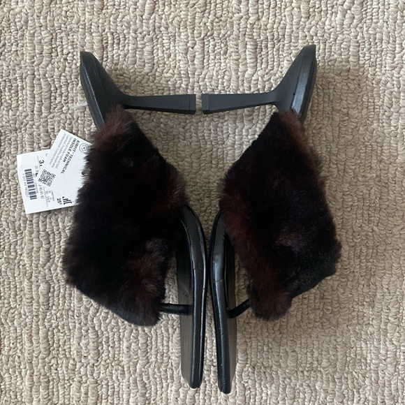 Zara Black Squared Toe Faux Fur Mules Heeled Thong Sandals Heels Sz 6.5 - Picture 7 of 14